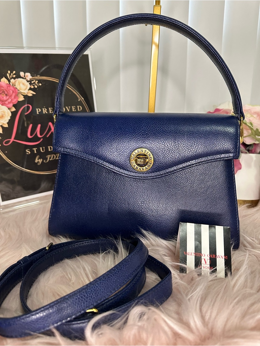 Valentino Garavani Navy Pebbled Leather Shoulder Bag with Gold-Tone Logo